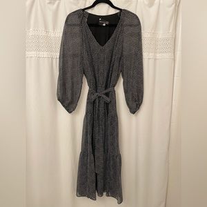 Maison Tara Black & White Long Sleeves Tie Waist Midi Women's Dress (Size 12)